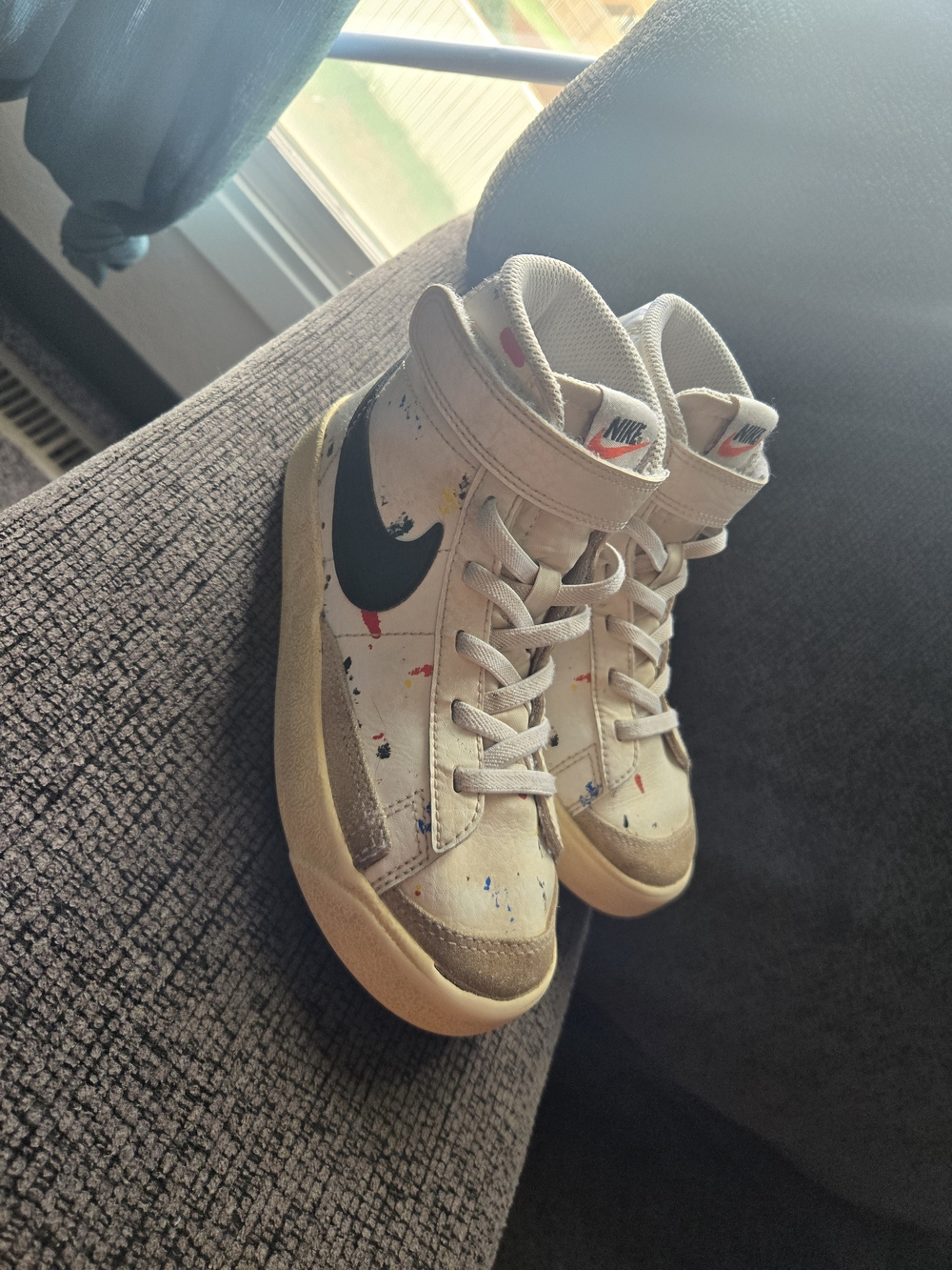 Nike Kids High-Top Sneakers in Cream with Black Swoosh and Paint-Splatter